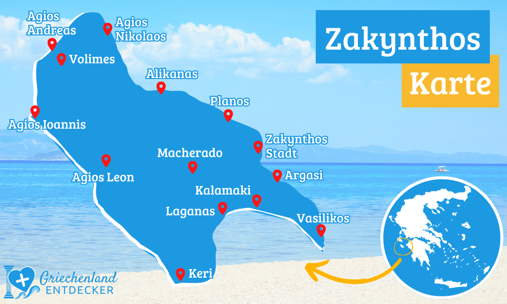 Zakynthos Karte mit Ortsangaben