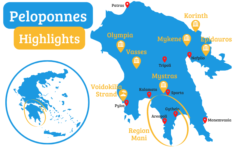 Peloponnes Karte mit Highlights und Sehenswuerdigkeiten